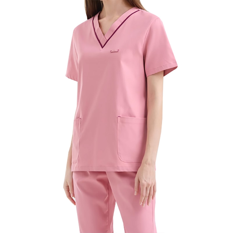 女款粉色V領醫護制服套裝，短袖透氣雙口袋，醫院護士診所工作服