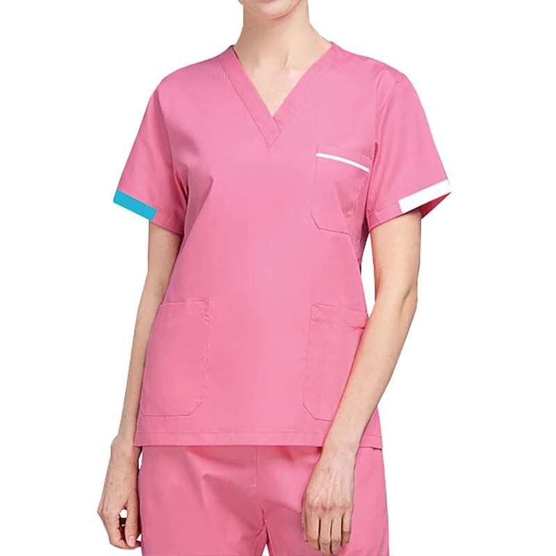 女款粉色醫護服短袖V領撞色裝飾三口袋醫療護理工作服透氣護工套裝