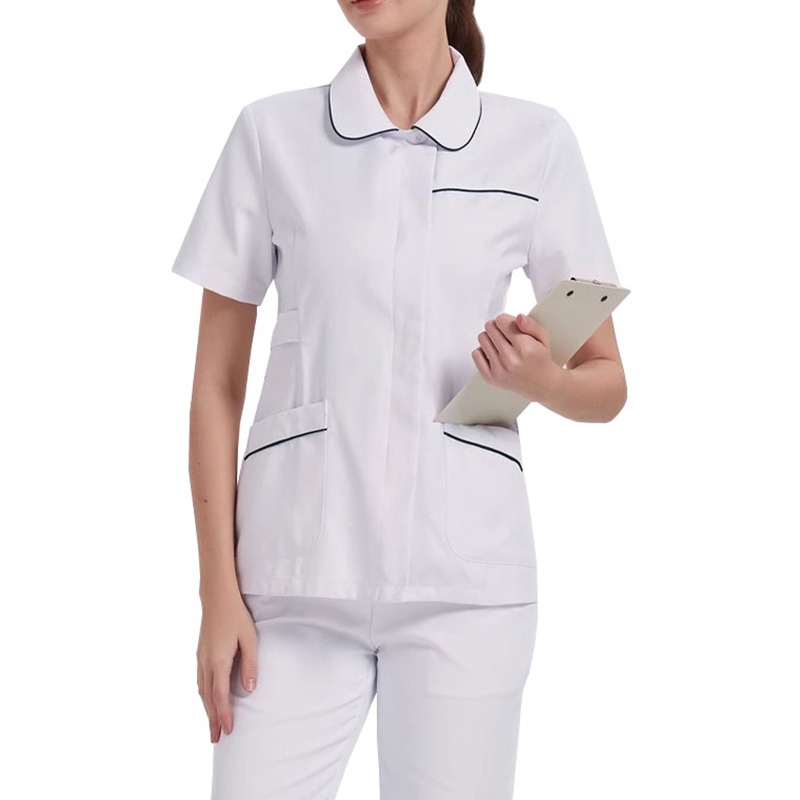 白色海軍藍飾邊護士 scrub有領帶的套裝，夏季短袖醫療制服，適用醫院診所護理工作