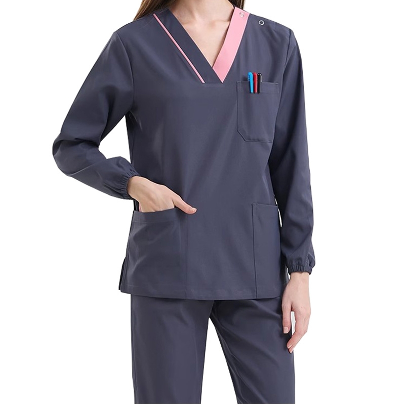 女式醫護工作服長袖，彈力羅紋袖口V領撞色，多隔層口袋服裝兩件套