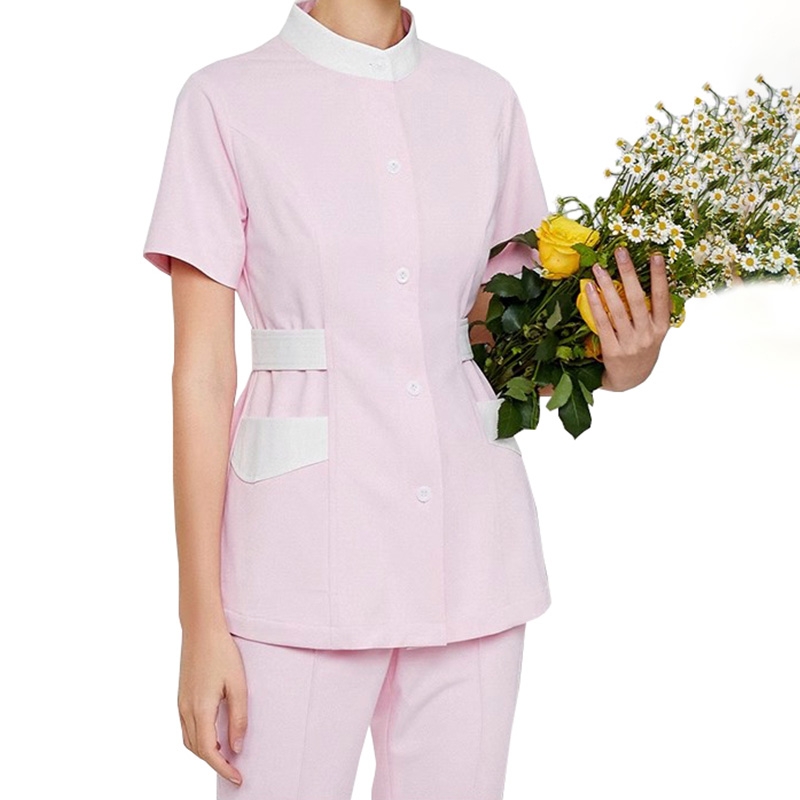 粉色立領短袖護士服套裝，撞色收腰醫護工作服女，透氣親膚護理職業裝