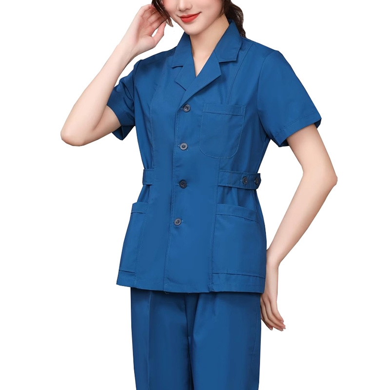 深藍色西裝領短袖護士服套裝，收腰多口袋醫護工作服，醫療職業制服