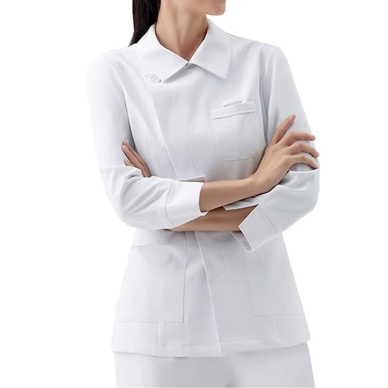 白色長袖護士服分體套裝，翻領斜襟醫護工作服，護理職業裝
