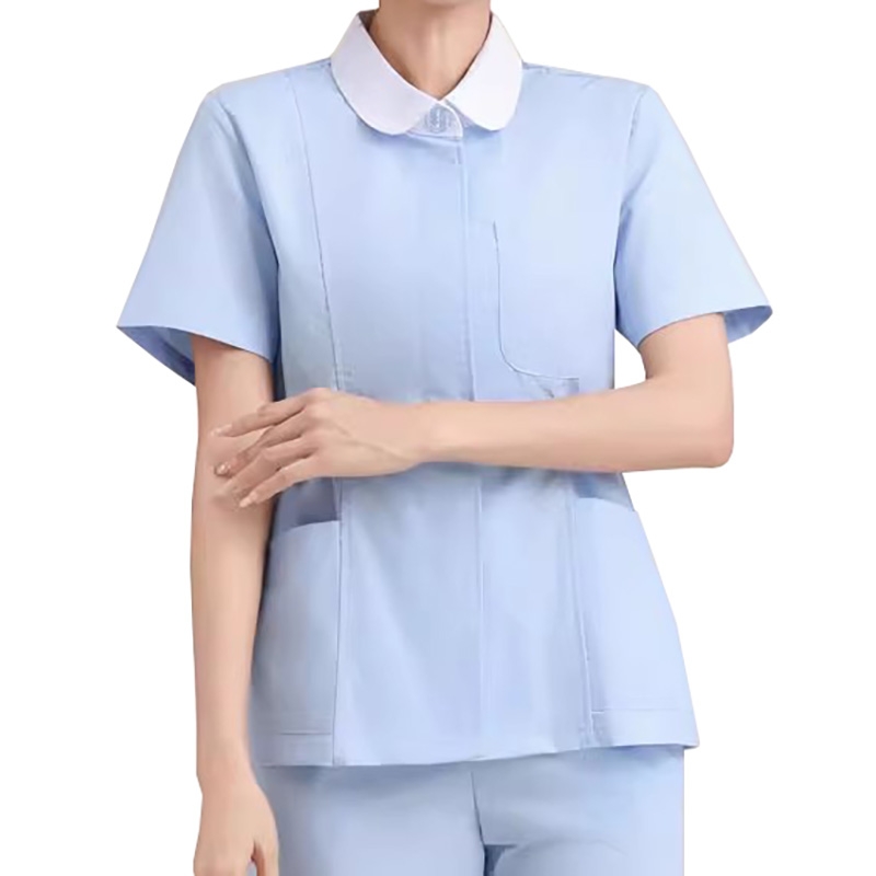 女士淺藍短袖護士工作服，滌綸棉質透氣，內置紐扣，醫療場所專用制服套裝