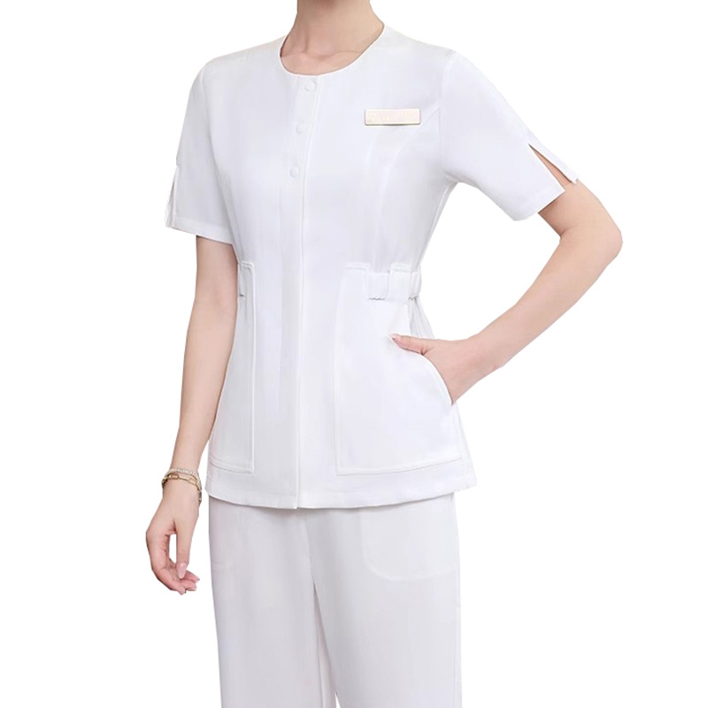 服務行業白色制服，收腰短袖醫護套裝，白色收腰短袖制服 醫院 / 康養/ 家政人員工衣