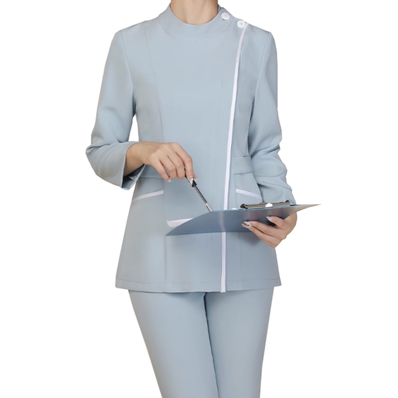 立領護士服套裝， 淺藍撞色邊設計，護理人員修身工作制服
