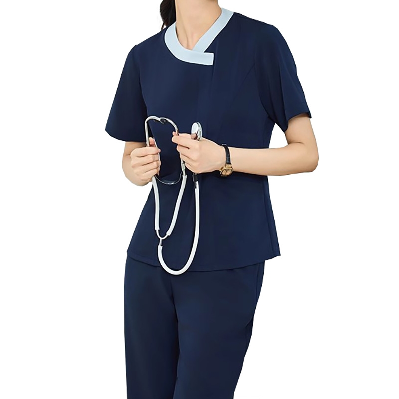 藏青色 V 領護士服短袖套裝，夏季醫護人員修身工作制服