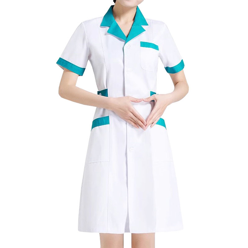 夏季薄款護士服女 短袖白大褂 青色裝飾服帶口袋工裝