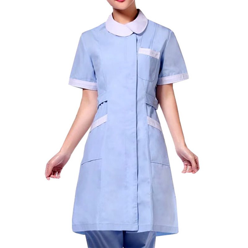 護理機構專業工作裙，夏季淺藍色醫護職業裝，娃娃領撞色短袖護士服