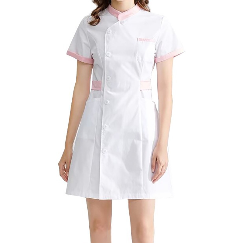 立領單排扣護士連衣裙，白粉色醫護工裝，護理機構專業着裝