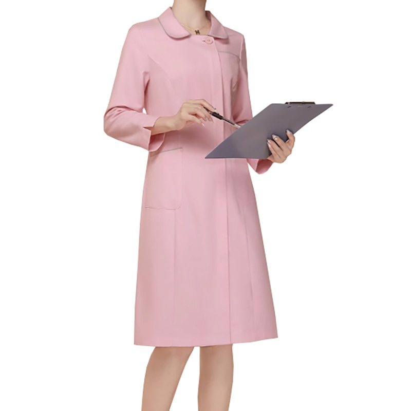 粉色醫護工作服長裙，翻領長袖修身工作服秋冬款