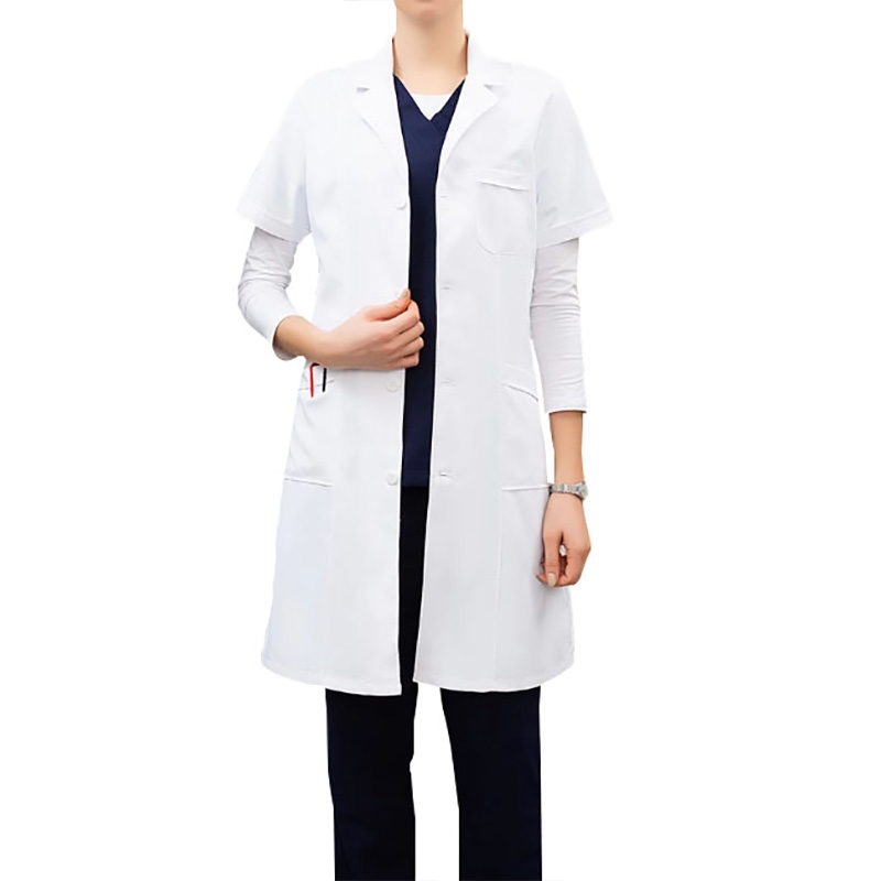 Short-sleeved medical white coat, long-length multi-pocket doctor‘s uniform, crease-resistant and easy-care
