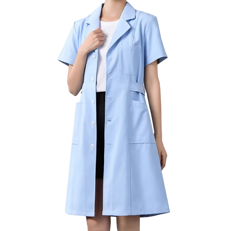 Light blue cotton-polyester blend medical coat, women‘s short-sleeved long-length nursing uniform. Specially designed for the healthcare sector