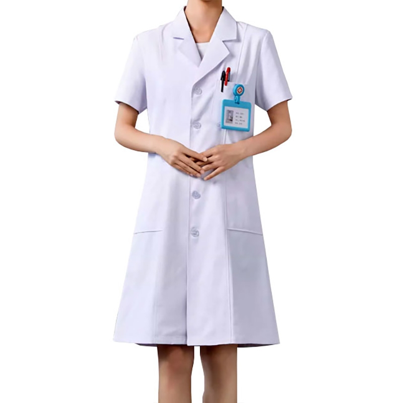 Women‘s Short-Sleeved White Long-Length Nurse Uniform Tailored White Doctor‘s Coat Pharmacy and Laboratory Medical Staff Uniforms