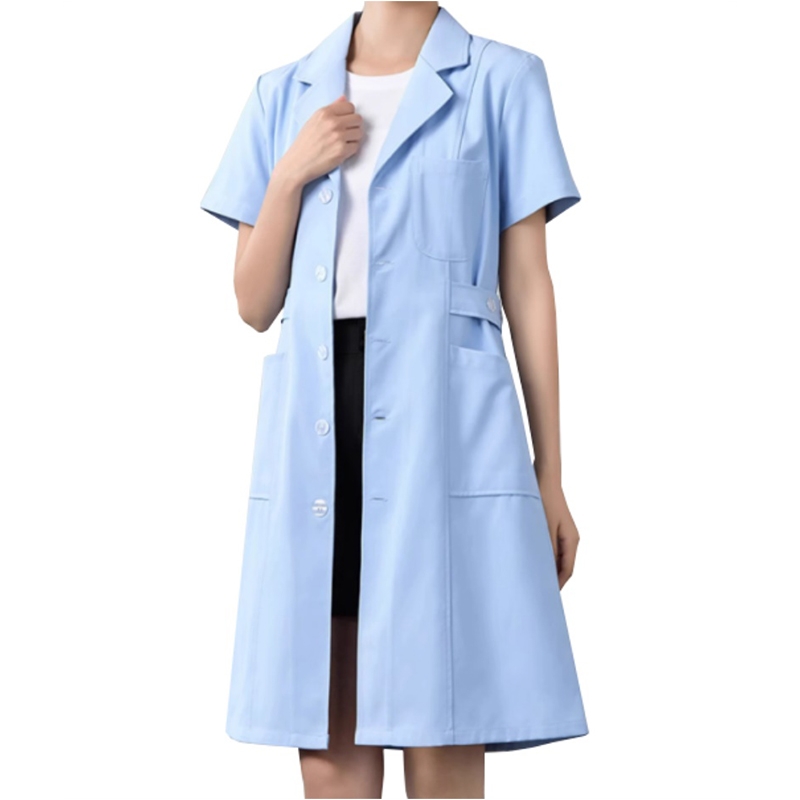 棉滌淺藍色醫護大褂，女式短袖長款護士工作服 醫療護理行業專用