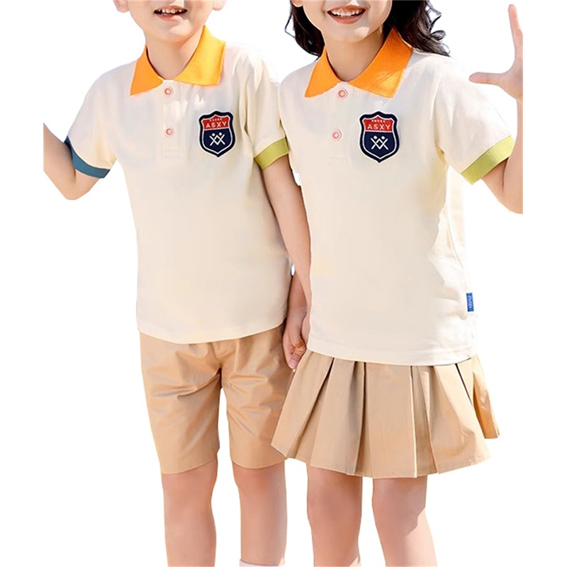 熱門米白兒童校服套裝 撞色領活力設計 校園活動班服優選