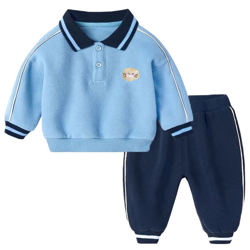 兒童束腳褲休閒套裝 翻領包邊工藝 三粒扣門襟衣褲