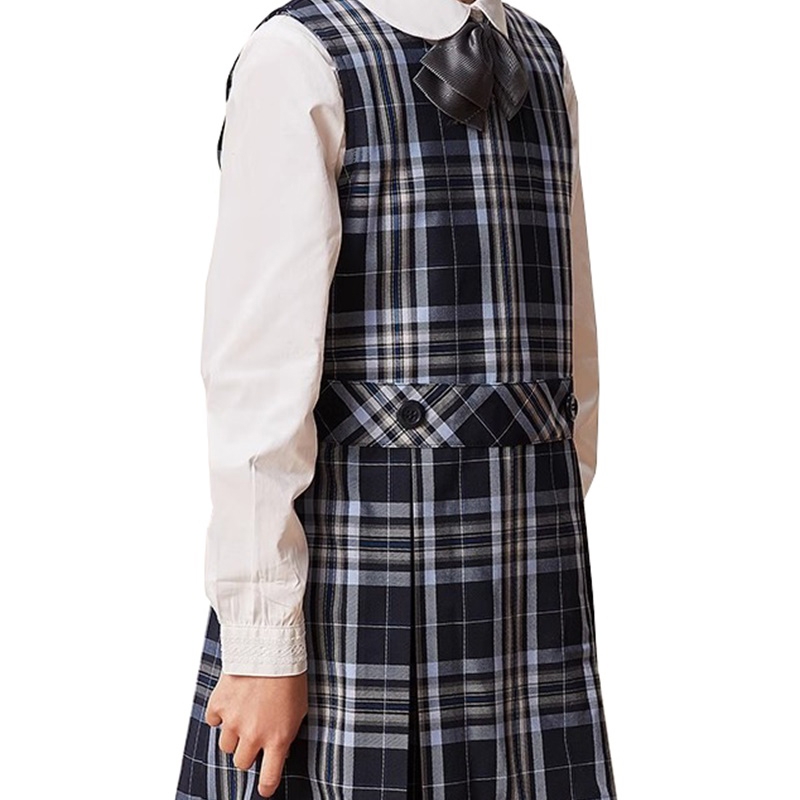 女童冬季校服，格紋背心裙+白襯衫套裝