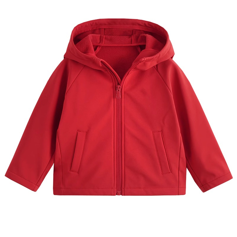 校園風冬季校服 紅色連帽加絨外套 兒童保暖防風軟殼衣