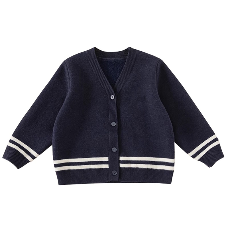 冬季校服針織外套 藏青撞白條開衫 兒童舒適親膚針織衫