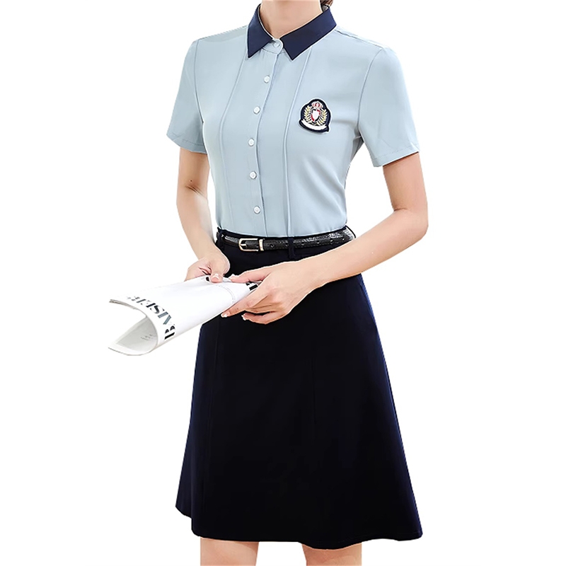 夏季女款職業套裝 定製淺藍色Polo衫+A字裙