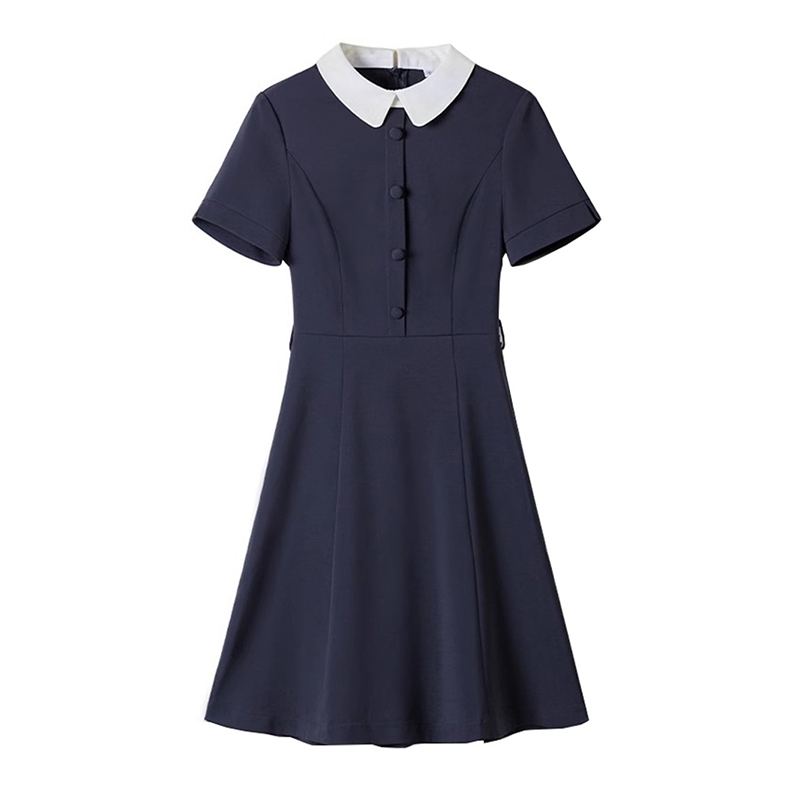 復古學院風娃娃領女士連衣裙 藏青色短袖收腰 A 字裙 辦公休閒款