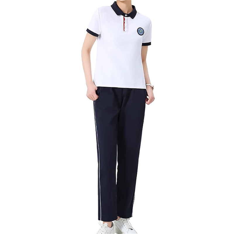 彈力運動套裝 白色Polo衫配藏青長褲