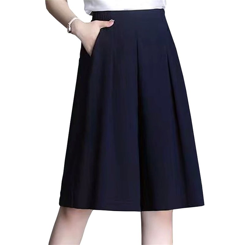 女式高腰垂感闊腿褲 深藍色中長款