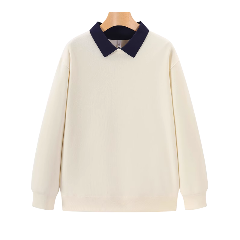 女士米白色撞色翻領長袖上衣，簡約棉質基礎打底衫，春秋季百搭款