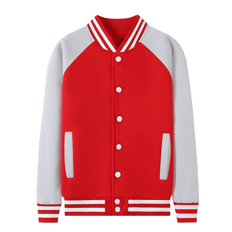 經典紅灰拼色棒球服，紐扣開衫運動外套