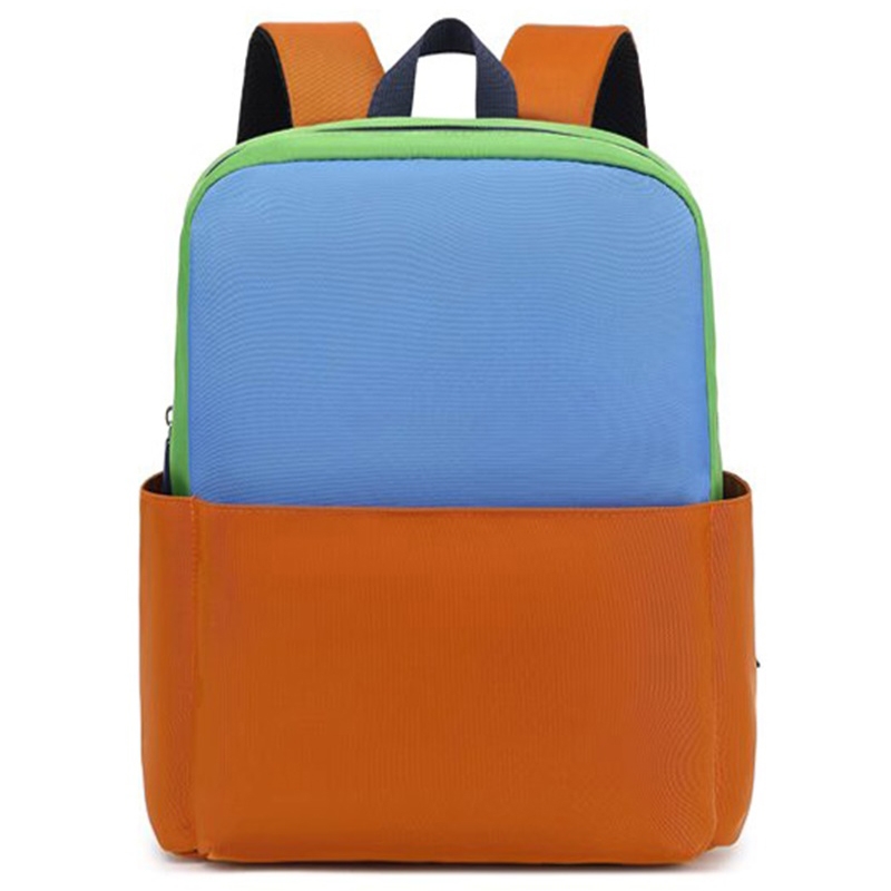 質感撞色拼接後揹包 藍橙綠活潑風格 日常通勤 / 學童上學時尚單品