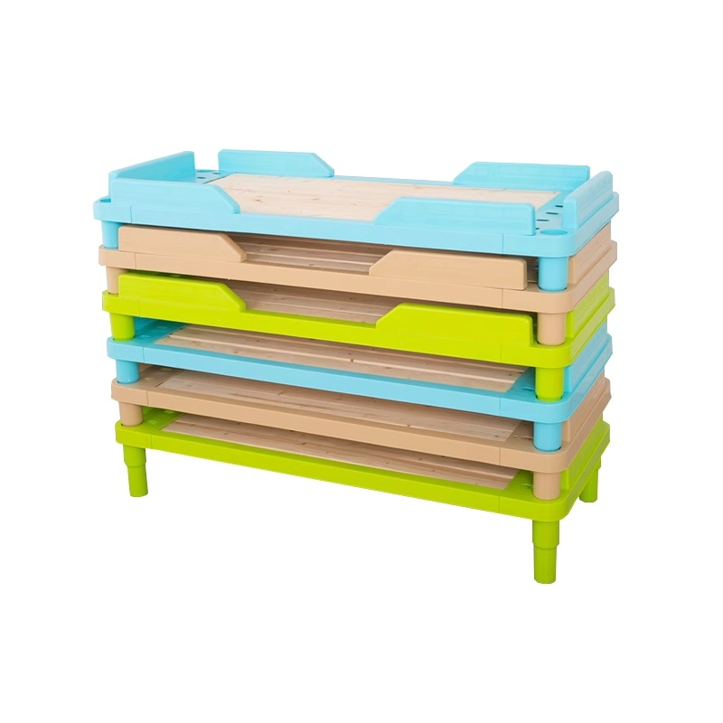 幼兒園兒童堆疊午睡牀 塑料框架木質牀板 多色可疊放兒童牀