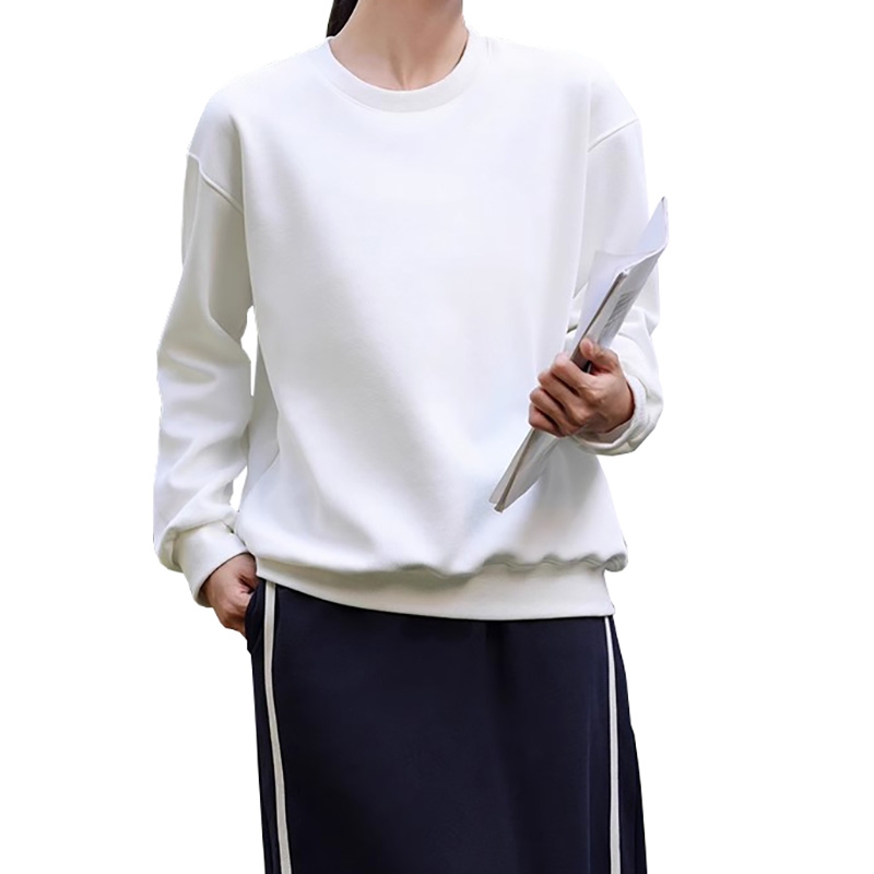 白色棉質圓領衛衣 寬鬆顯瘦長袖套頭衫 日常通勤百搭上衣