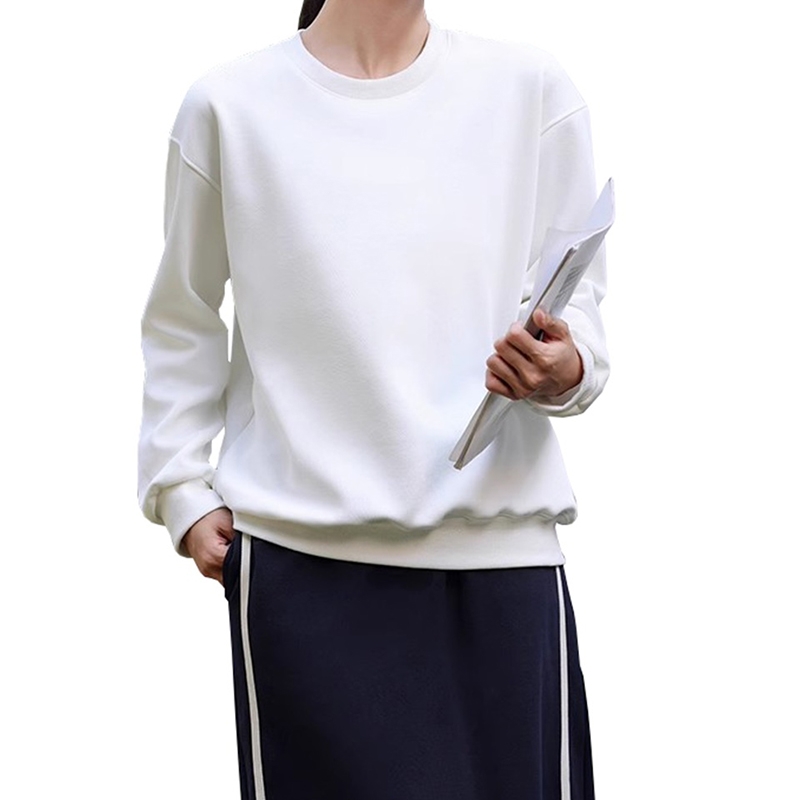 白色棉質圓領衛衣 寬鬆顯瘦長袖套頭衫 日常通勤百搭上衣