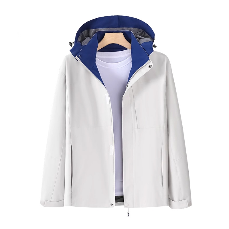 中性款淺灰色戶外夾克，可拆卸連帽多用途防水外套