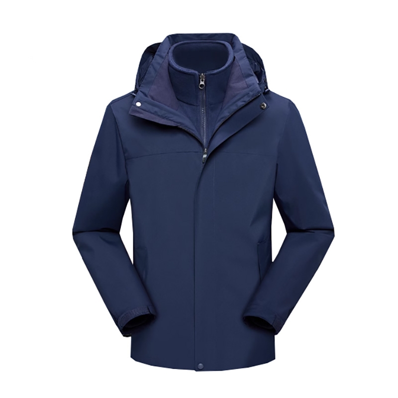 深藍色三合一戶外夾克，連帽拉鍊多口袋可調節袖口外套