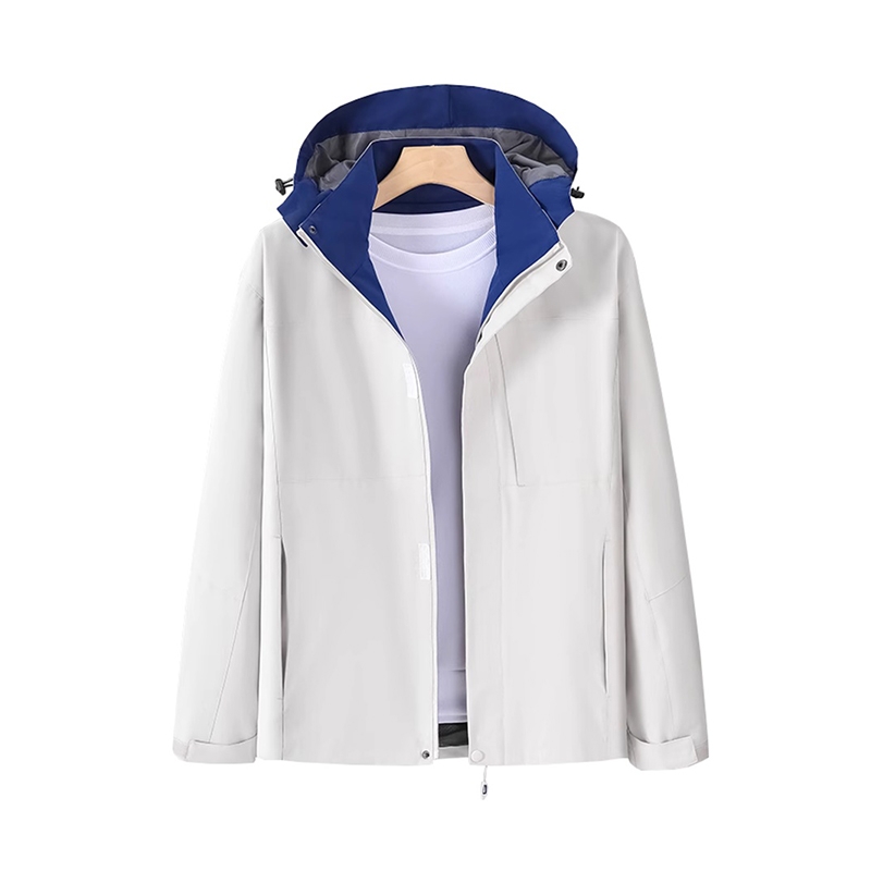 中性款淺灰色戶外夾克，可拆卸連帽多用途防水外套