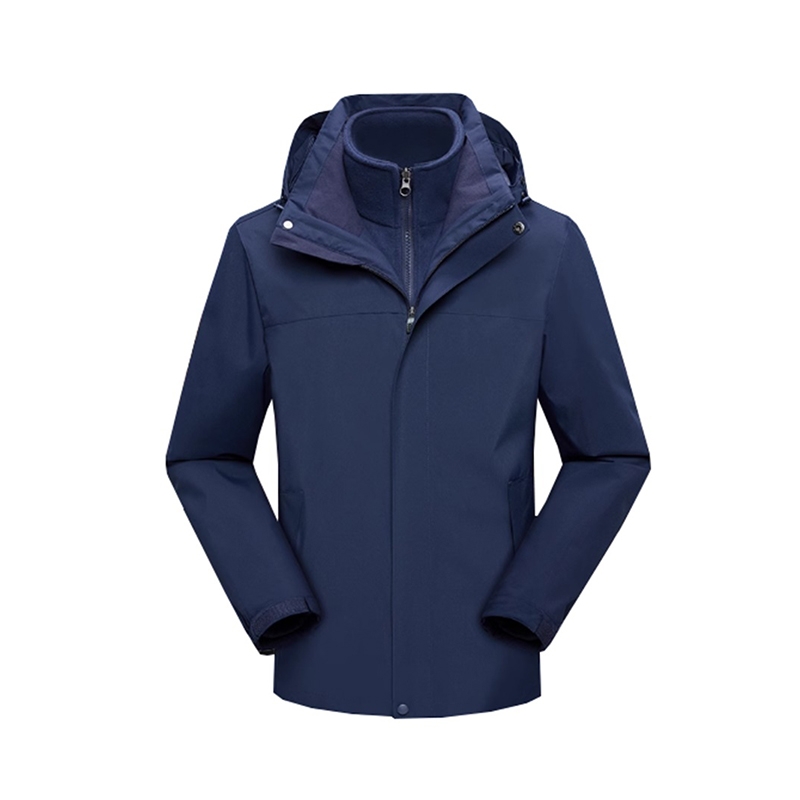 深藍色三合一戶外夾克，連帽拉鍊多口袋可調節袖口外套