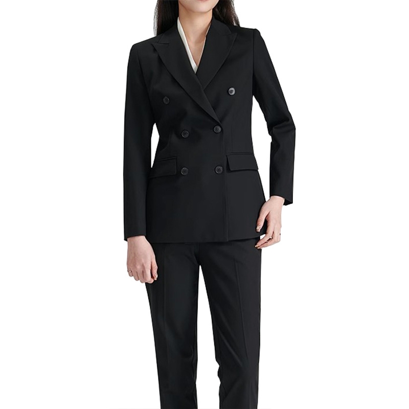 女士黑色雙排扣西裝套裝 春秋季職場通勤商務正裝
