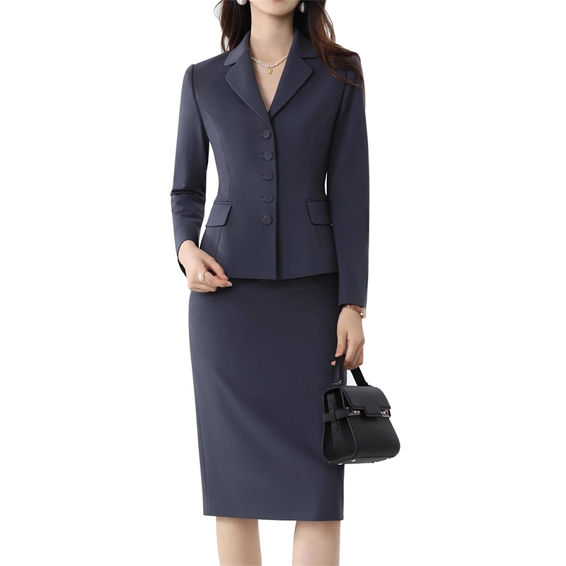 優雅知性深藍色職業套裝，彈性包臀裙制服