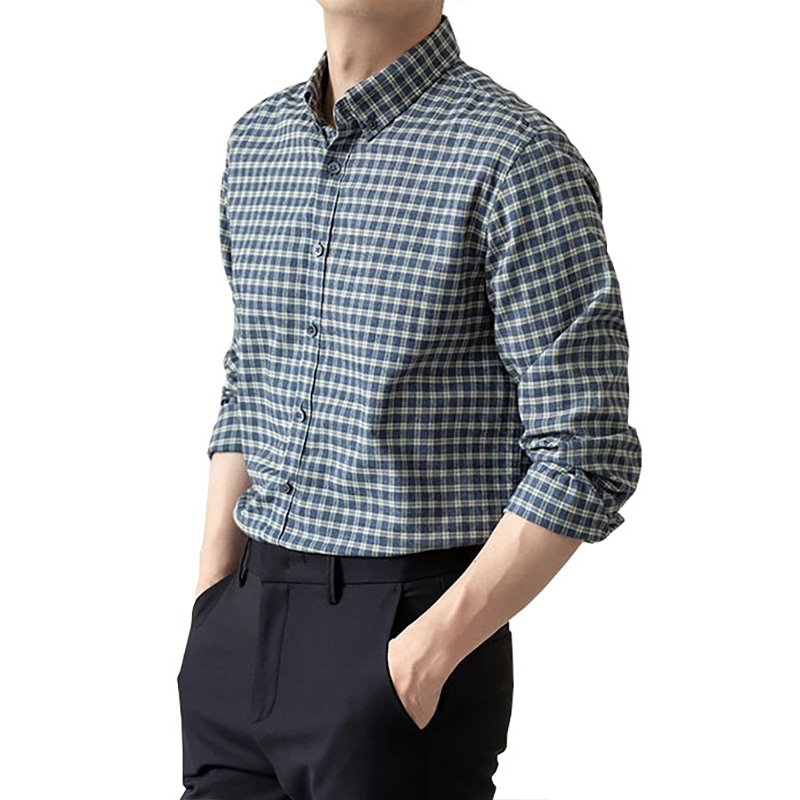 英倫風復古藍白格紋長袖襯衫 休閒修身版型 爲男士打造的日常休閒服裝