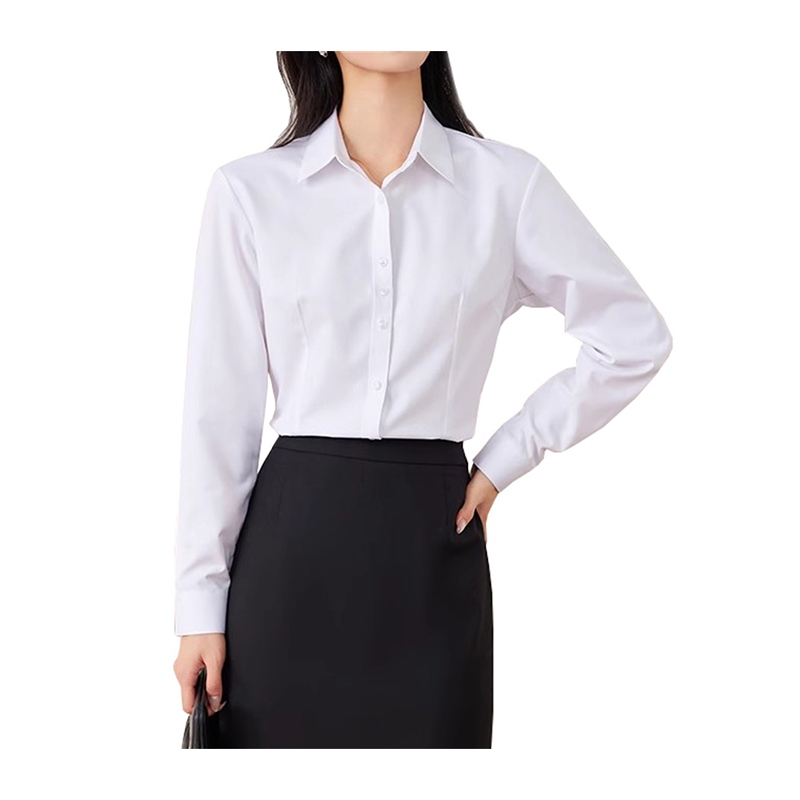 女士長袖白襯衫，修身翻領 OL 通勤襯衣