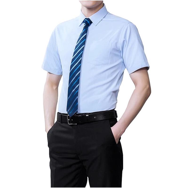 團購定製男女同款襯衫職業裝，定做短袖工作服V領藍襯衣