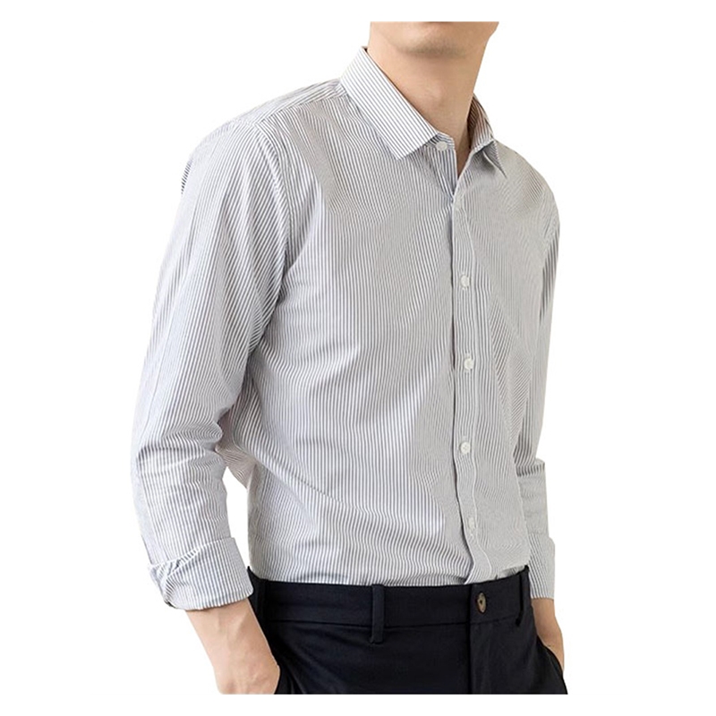 新款灰色細條紋襯衫，中青年休息長袖襯衣免燙易打理男士上衣