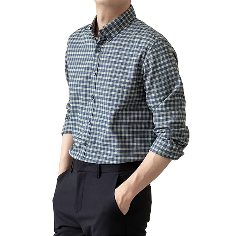 英倫風復古藍白格紋長袖襯衫 休閒修身版型 爲男士打造的日常休閒服裝