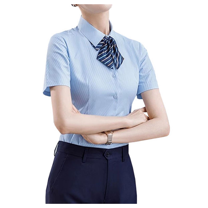 藍白條紋襯衫，職業短袖高端酒店銀行工作服定製