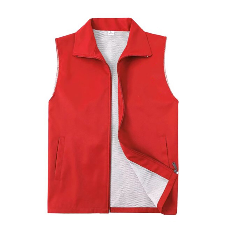 開衫帶口袋紅色馬甲，舒適網格 休閒翻領版型