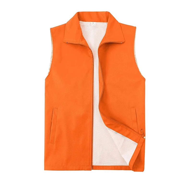 男女同款橙色工裝馬甲 立領拉鍊設計 網布內襯透氣