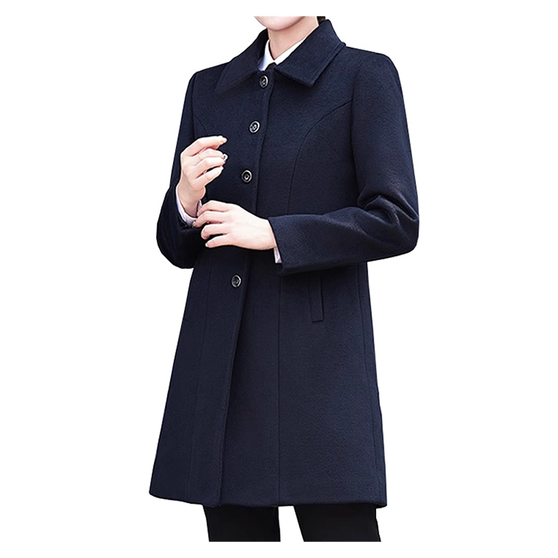 經典氣質翻領雙排扣設計 藏青色毛呢大衣