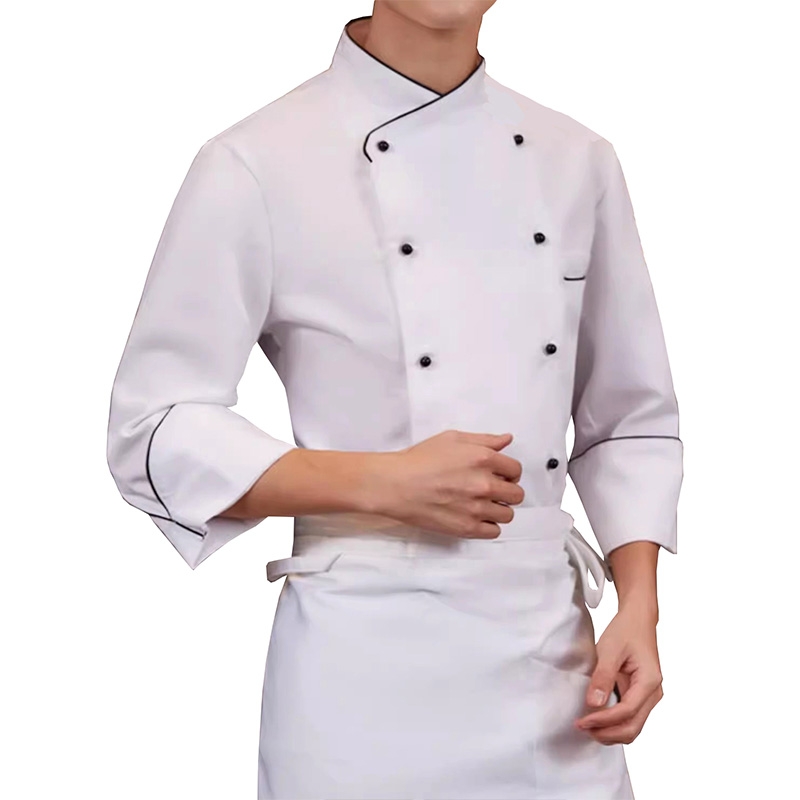 Long-sleeved double-breasted chef‘s jacket with piping trim, restaurant kitchen staff uniform, hotel chef‘s workwear